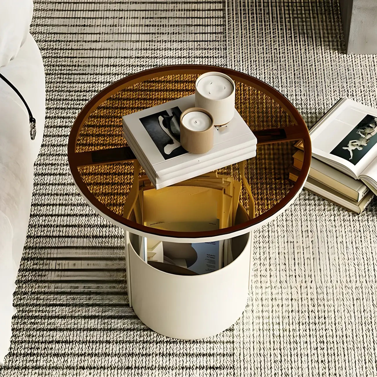 Nordic Round Glass End Table with Drum Base and Storage
