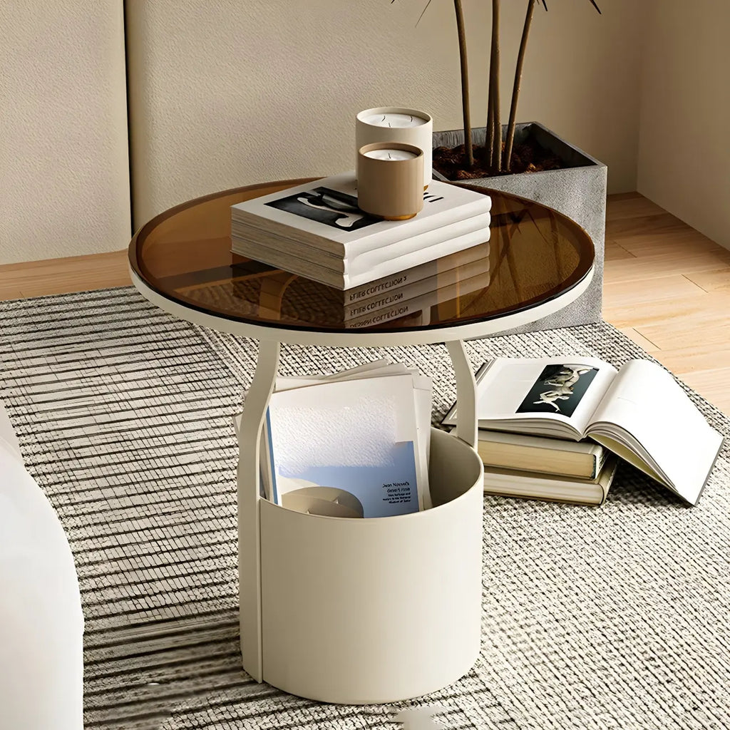 Nordic Round Glass End Table with Drum Base and Storage