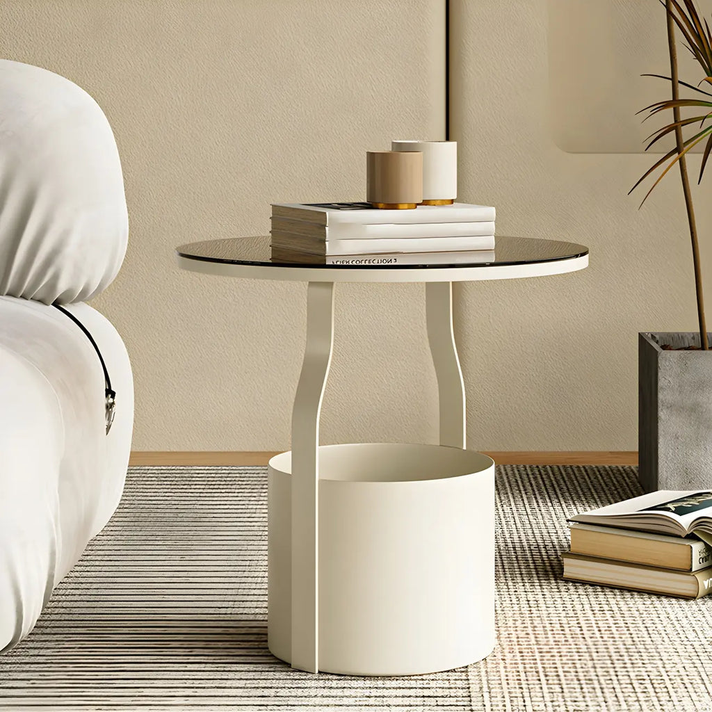 Nordic Round Glass End Table with Drum Base and Storage