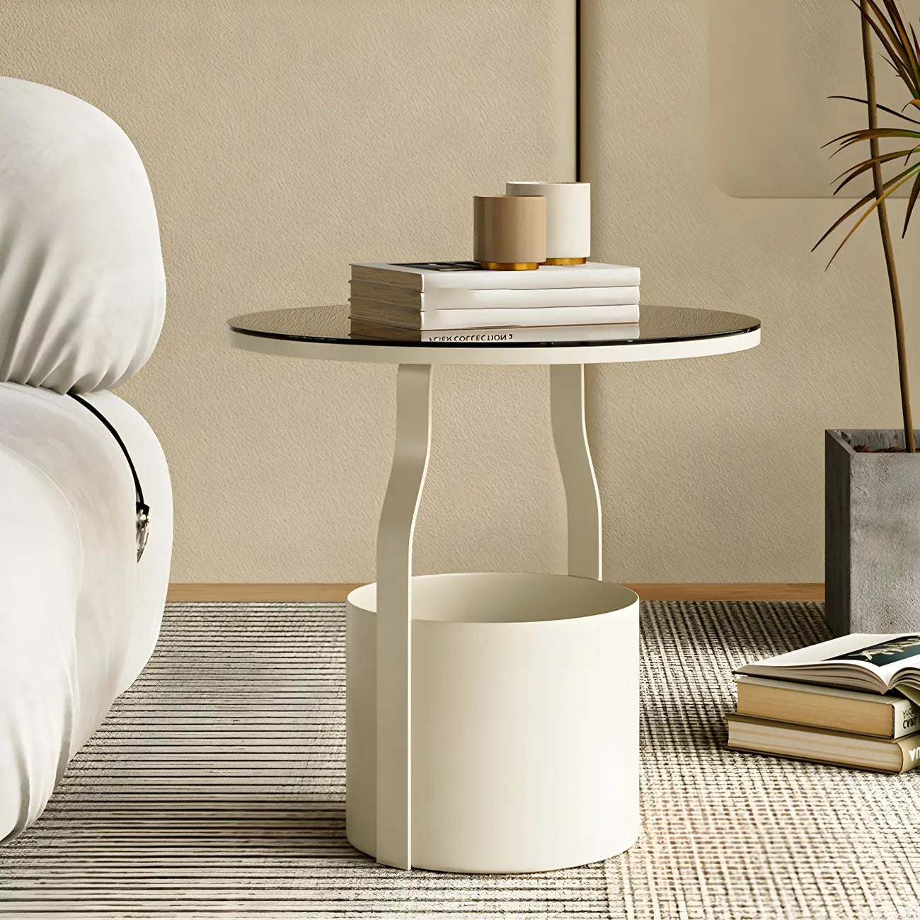 Nordic Round Glass End Table with Drum Base and Storage