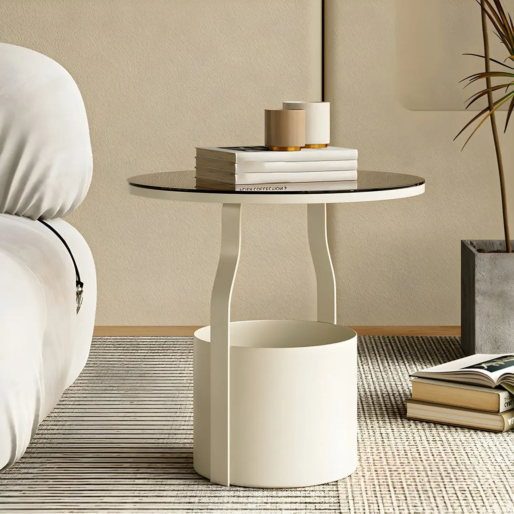 Nordic Round Glass End Table with Drum Base and Storage