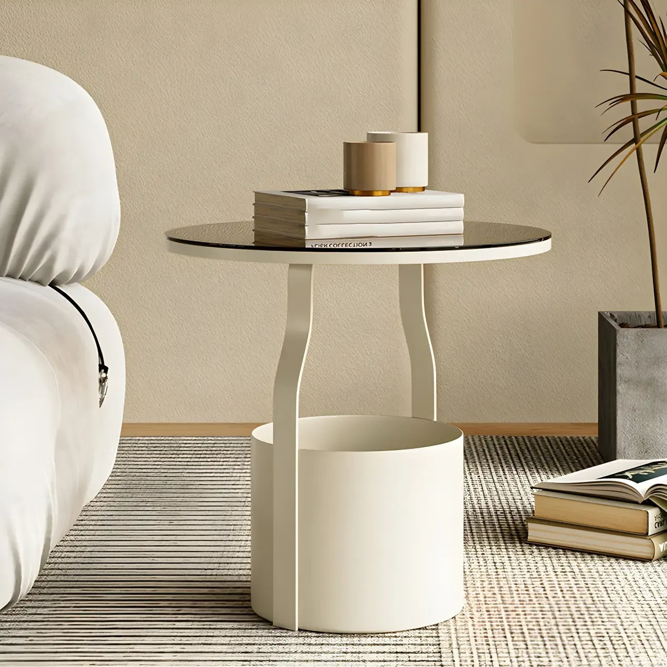 Nordic Round Glass End Table with Drum Base and Storage
