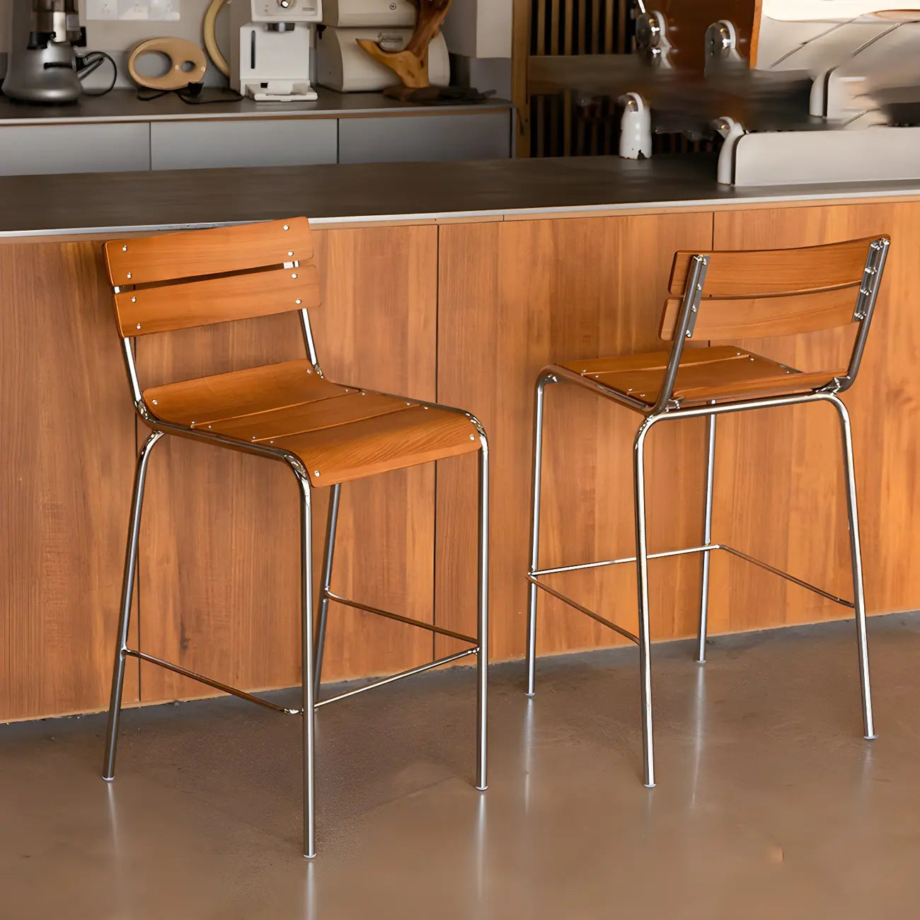 Durable Steel Frame Comfortable Brown Wood Back Bar Stool