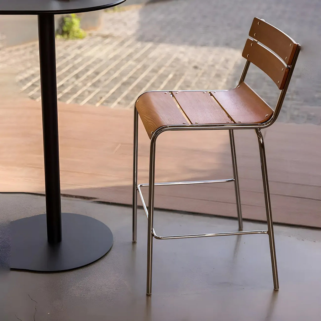 Durable Steel Frame Comfortable Brown Wood Back Bar Stool