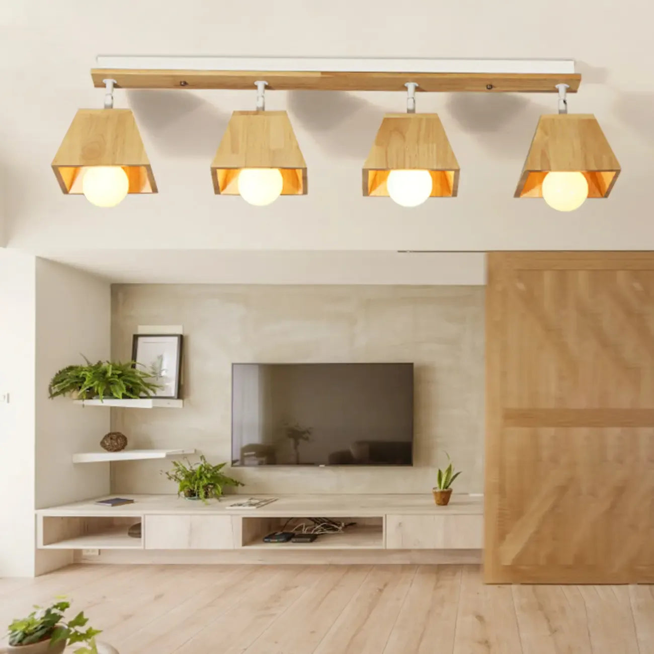 4-Light Wood Fixed Track Lighting Modern LED Adjustable Head