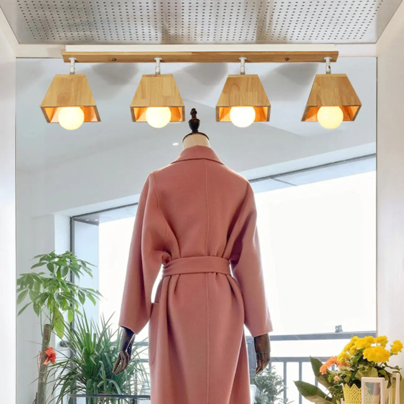4-Light Wood Fixed Track Lighting Modern LED Adjustable Head