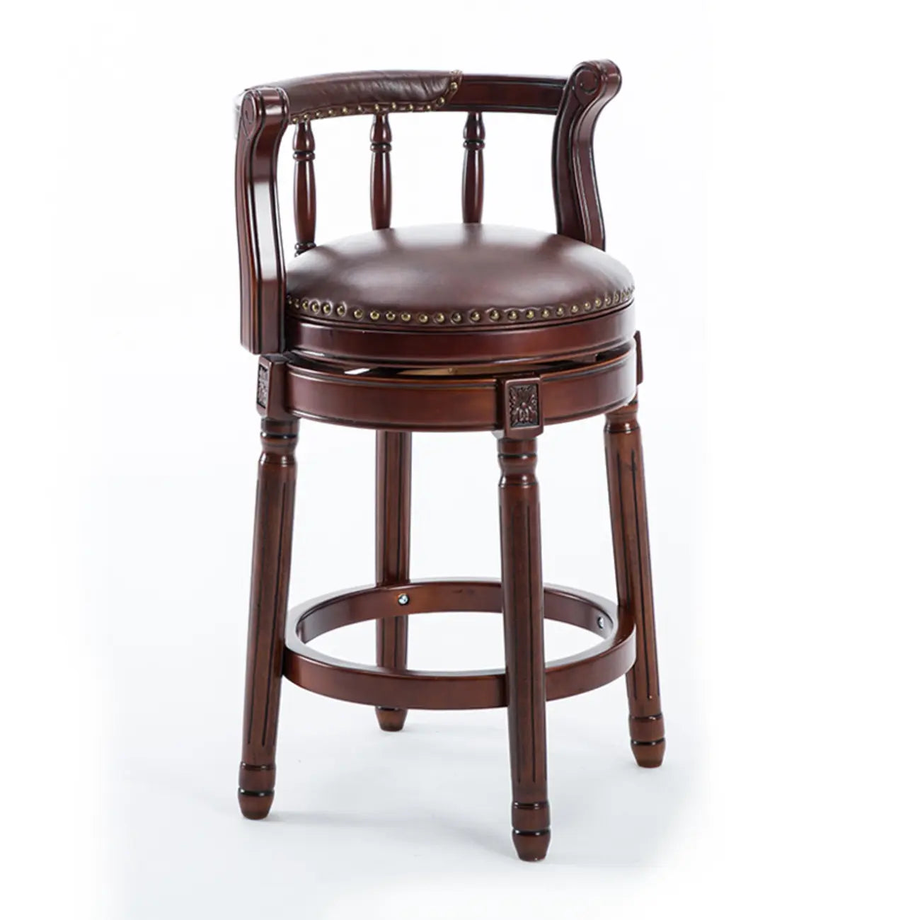 Swivel Counter Height Bar Stools in Genuine Leather & Walnut Solid Wood
