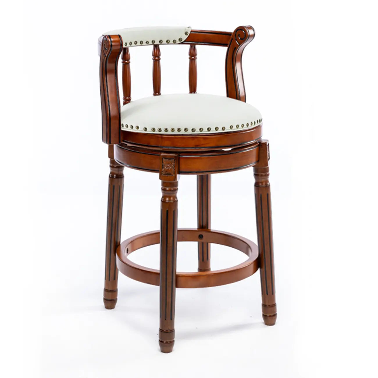Swivel Counter Height Bar Stools in Genuine Leather & Walnut Solid Wood