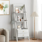 3-Tier Nut-Brown Wood Ladder Open Bookcase with Drawers