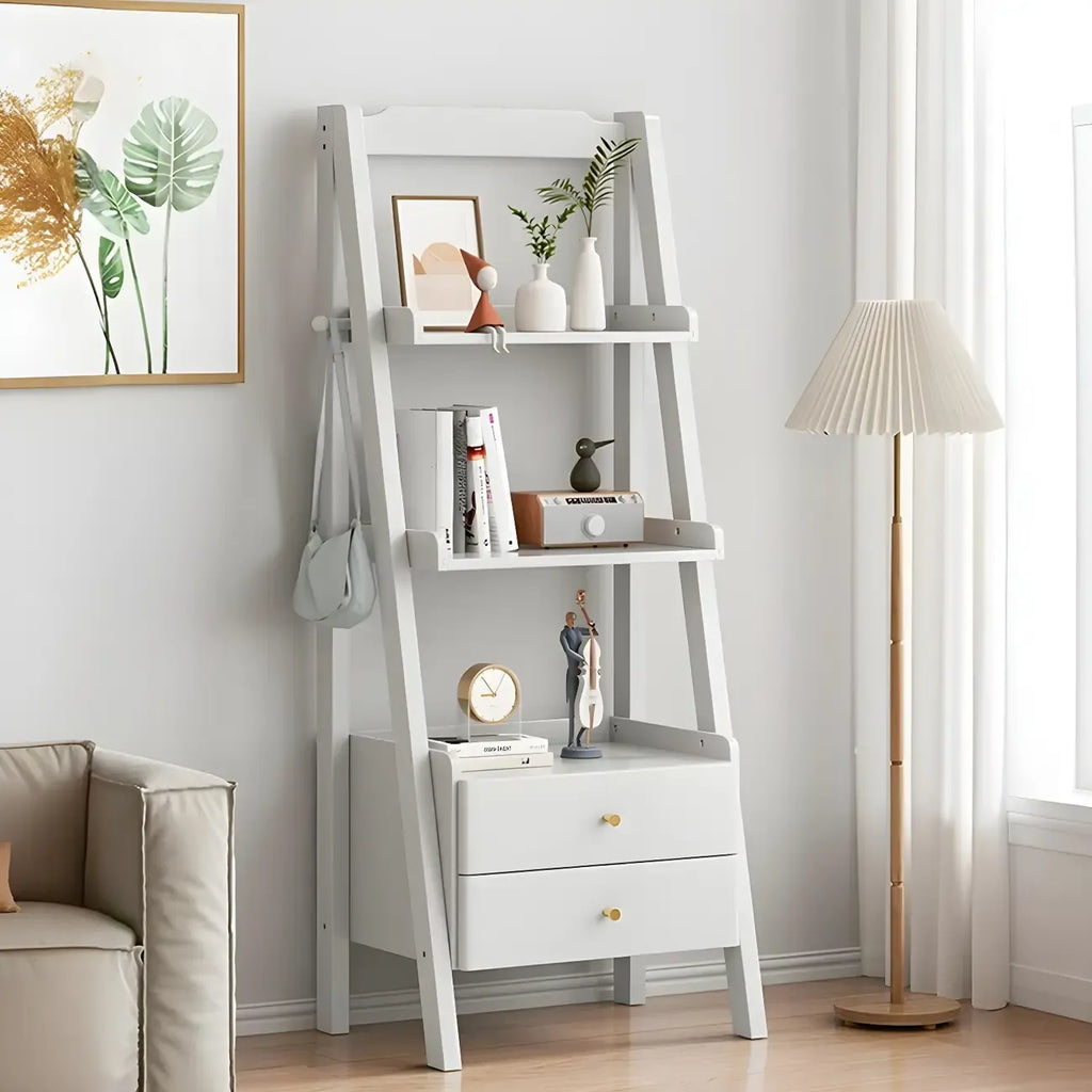 3-Tier Nut-Brown Wood Ladder Open Bookcase with Drawers