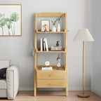 3-Tier Nut-Brown Wood Ladder Open Bookcase with Drawers