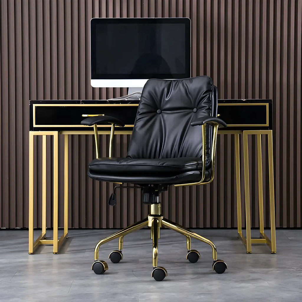 Gold Base Tufted Leather Adjustable Office Chair