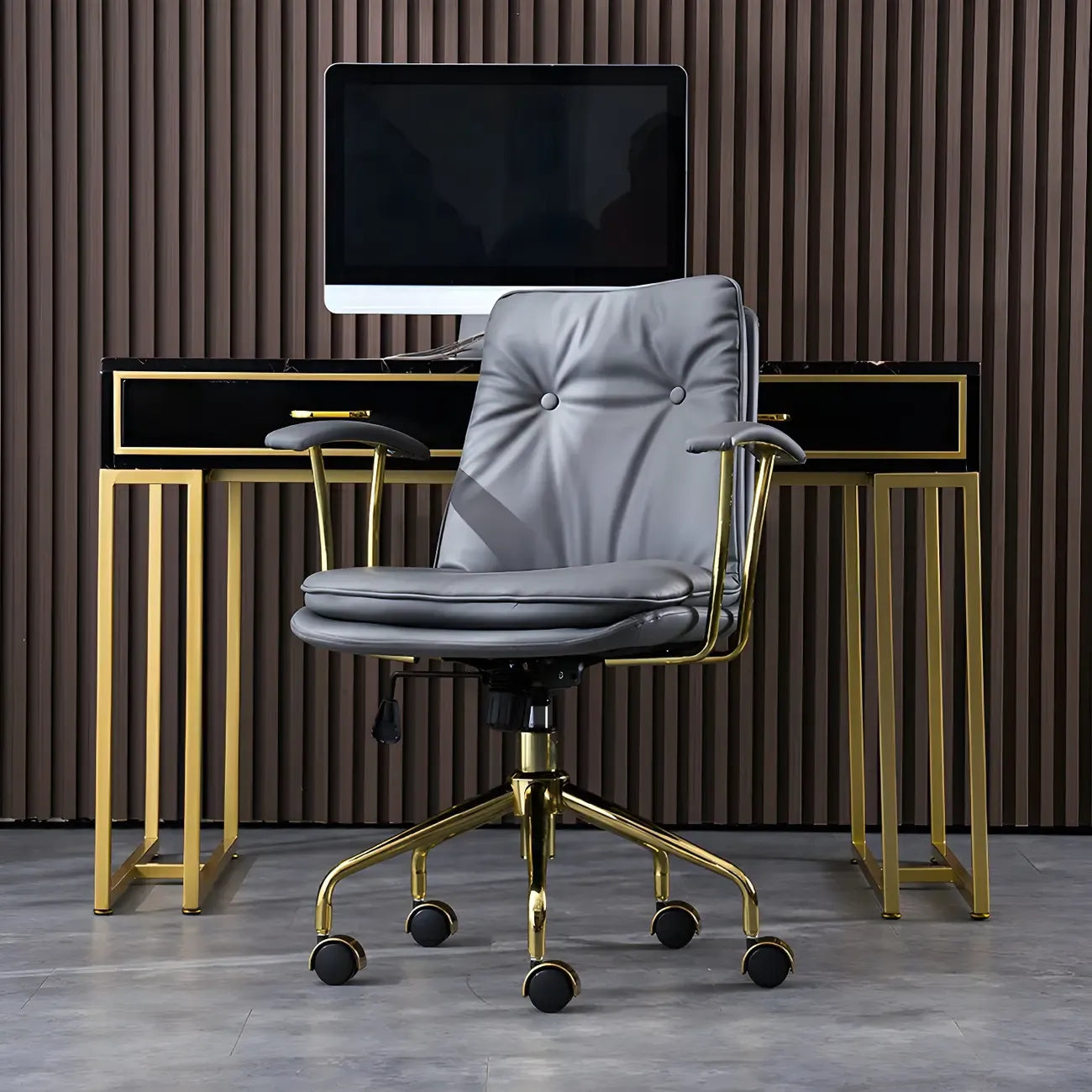 Gold Base Tufted Leather Adjustable Office Chair