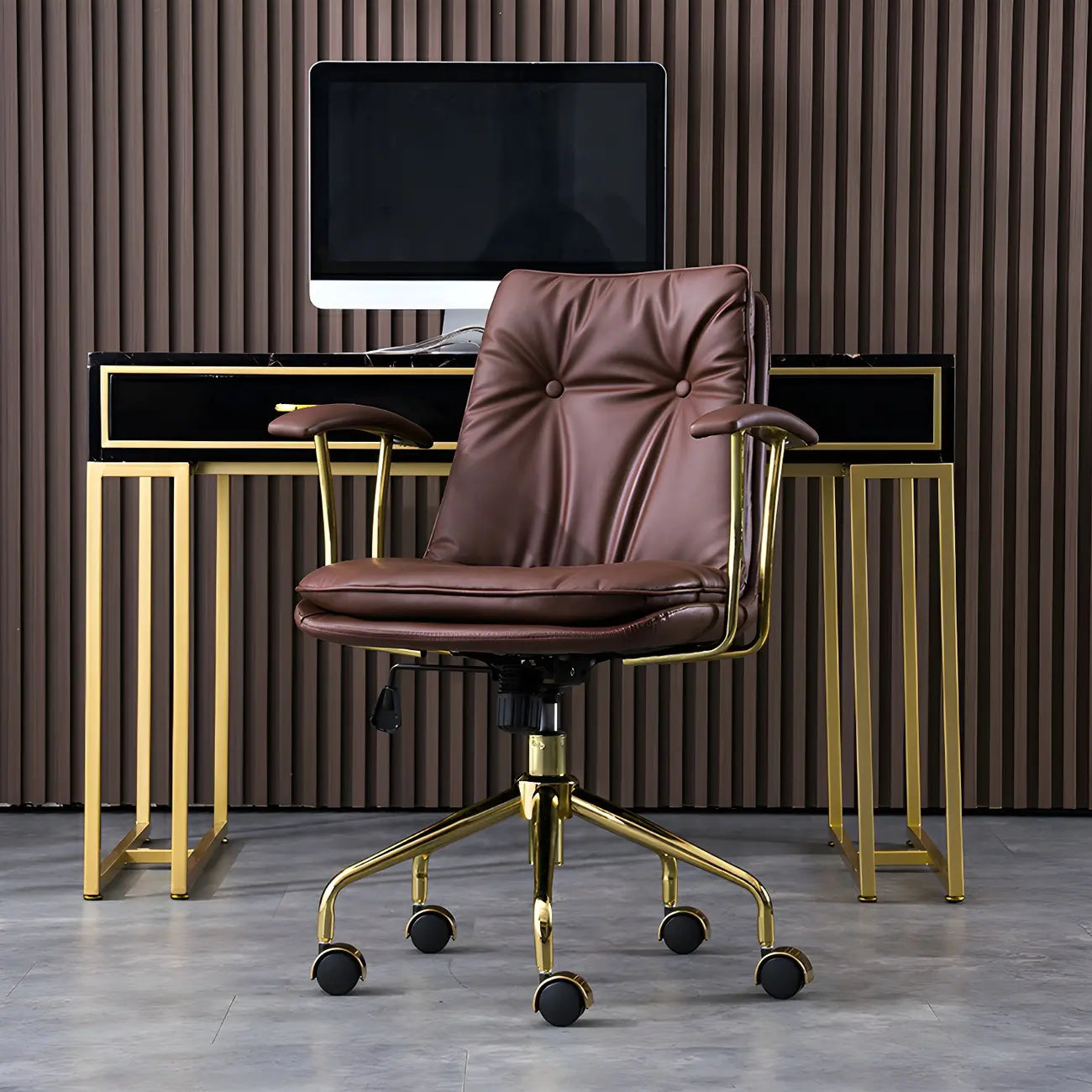 Gold Base Tufted Leather Adjustable Office Chair