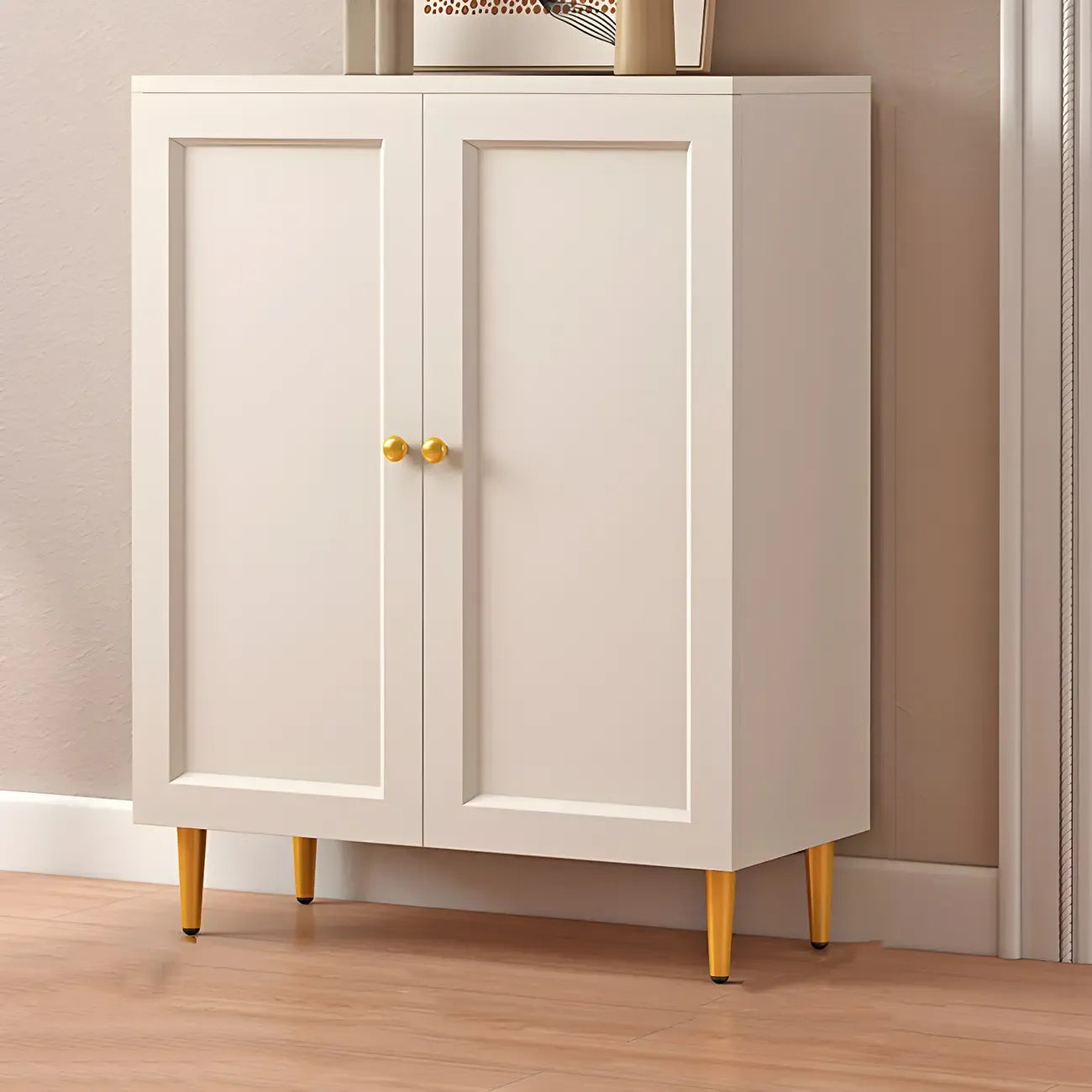 Cream Solid Wood Shoe Cabinet for Entryway with Doors