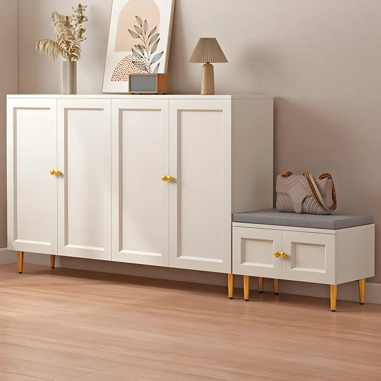 Cream Solid Wood Shoe Cabinet for Entryway with Doors