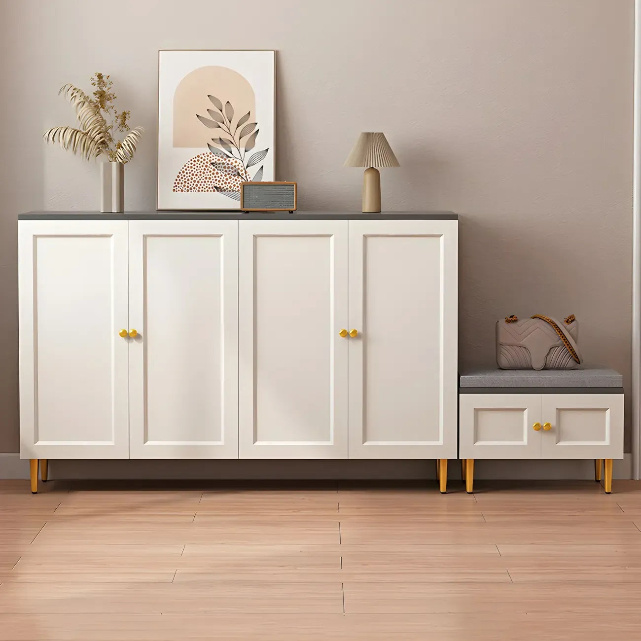 Cream Solid Wood Shoe Cabinet for Entryway with Doors