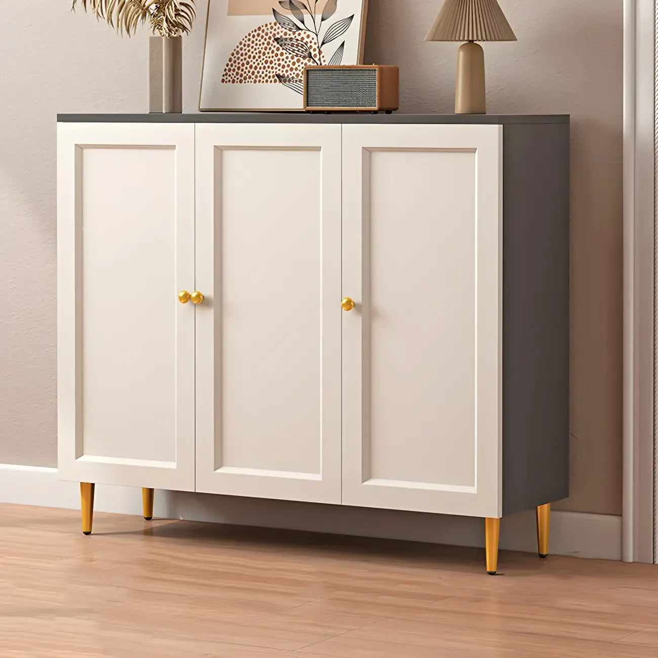 Cream Solid Wood Shoe Cabinet for Entryway with Doors