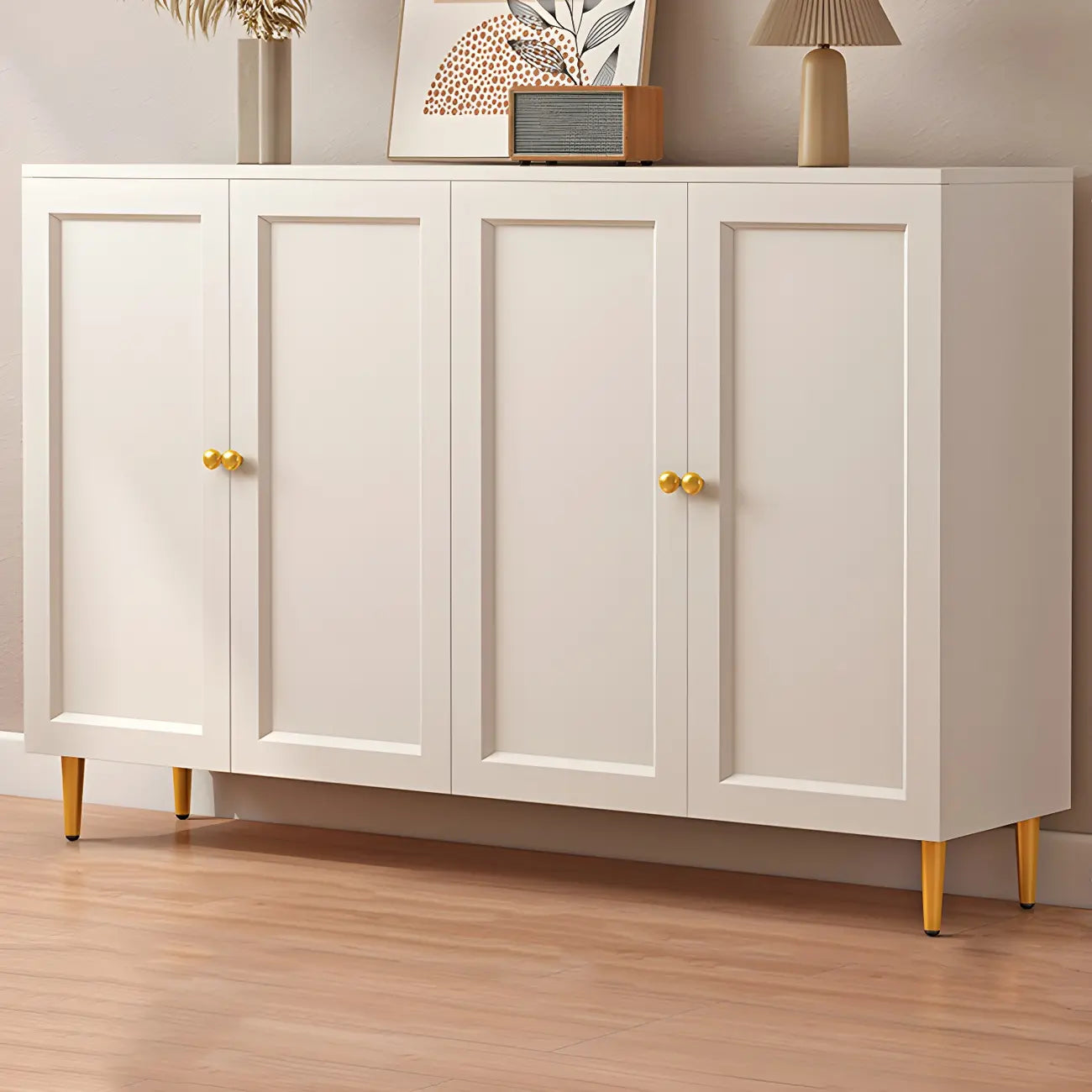 Cream Solid Wood Shoe Cabinet for Entryway with Doors