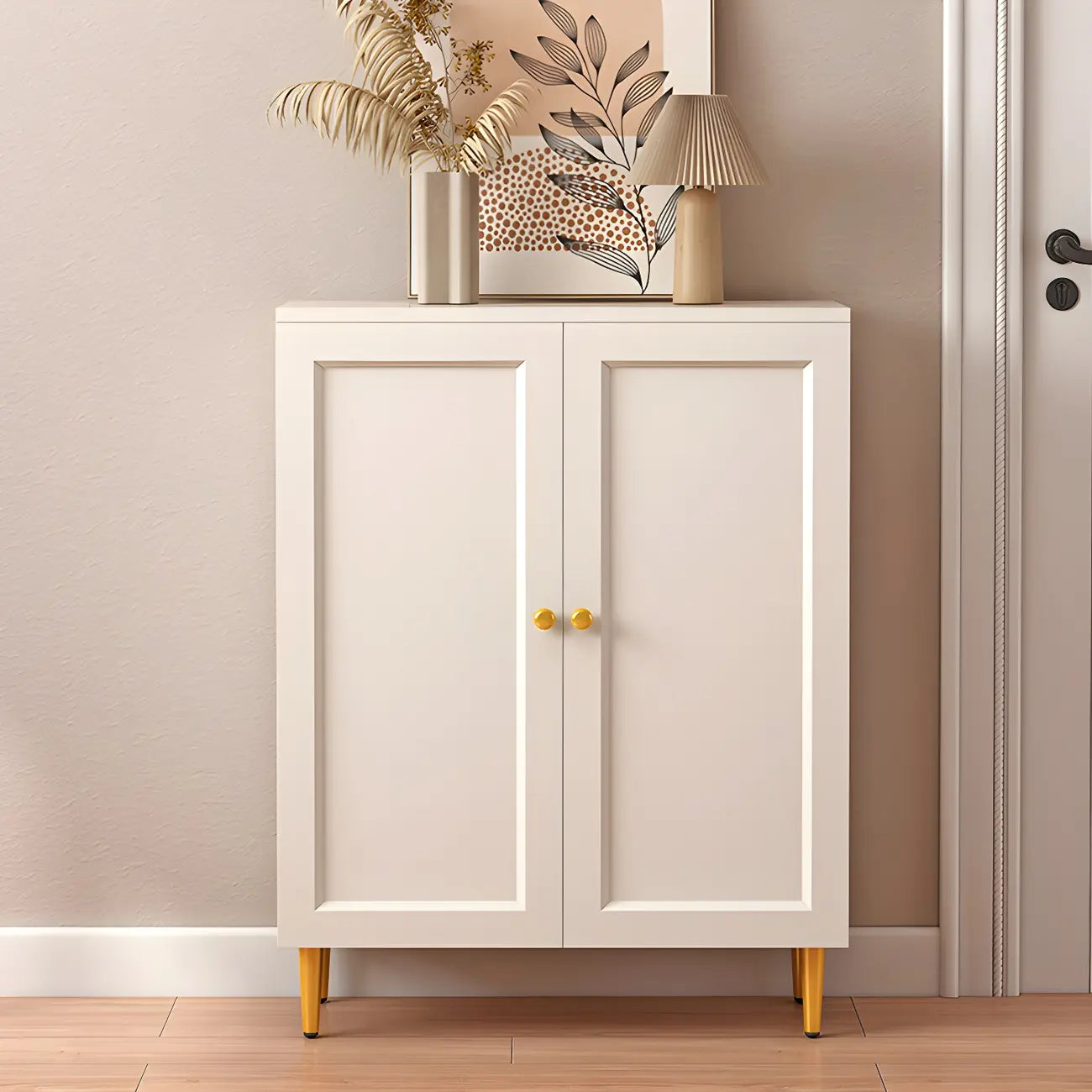Cream Solid Wood Shoe Cabinet for Entryway with Doors