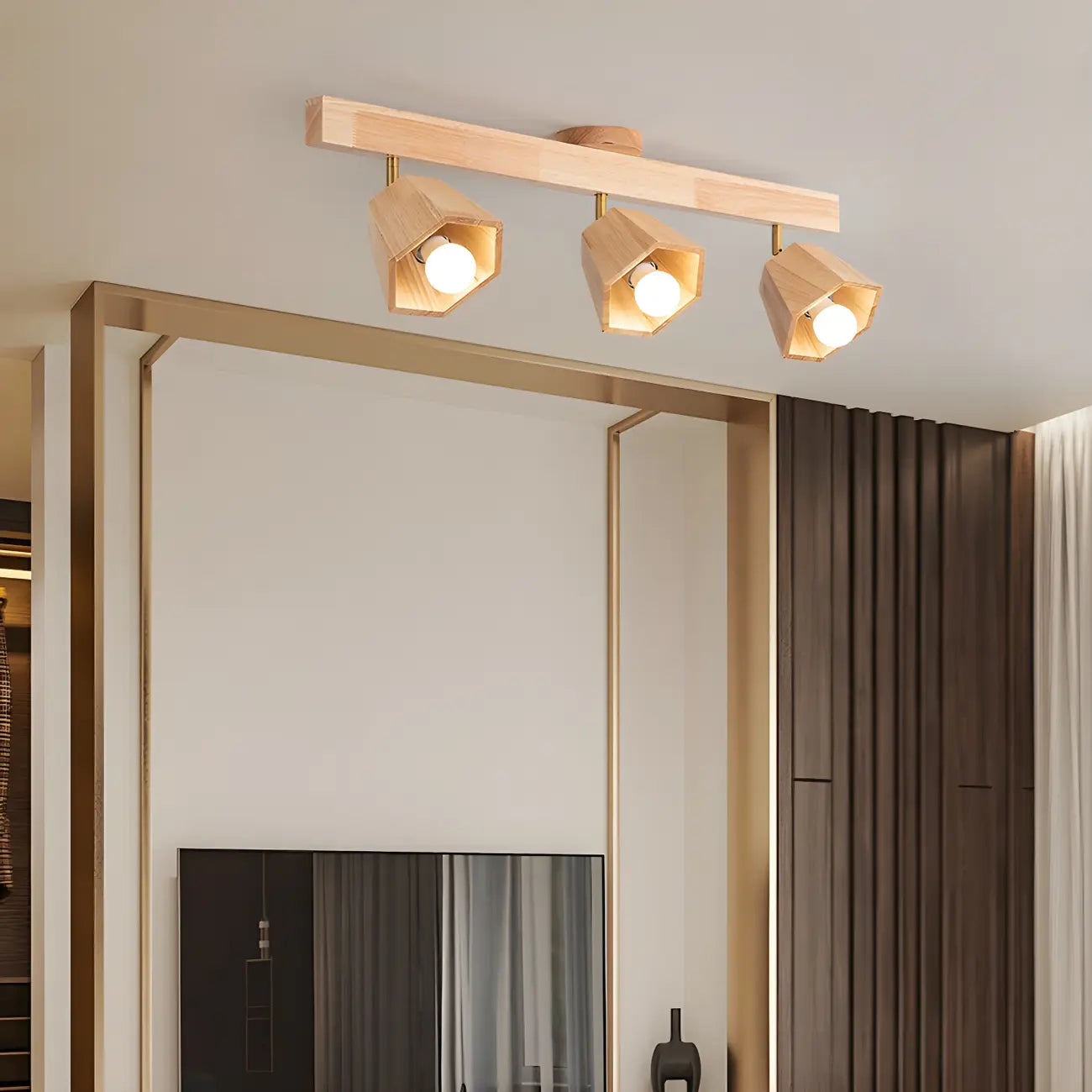4-Light Adjustable Natural Rubber Wood Semi Flush Track Light