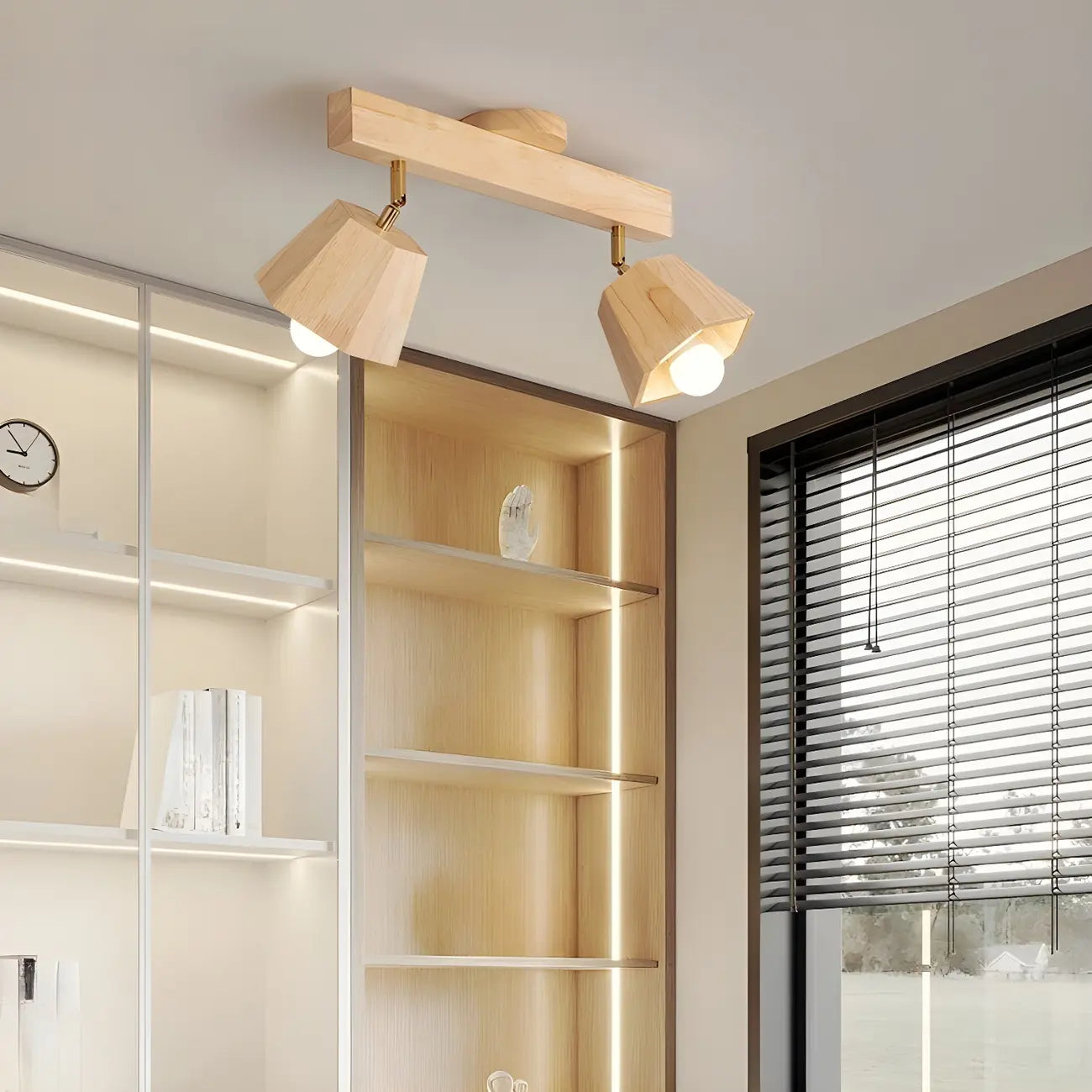 4-Light Adjustable Natural Rubber Wood Semi Flush Track Light