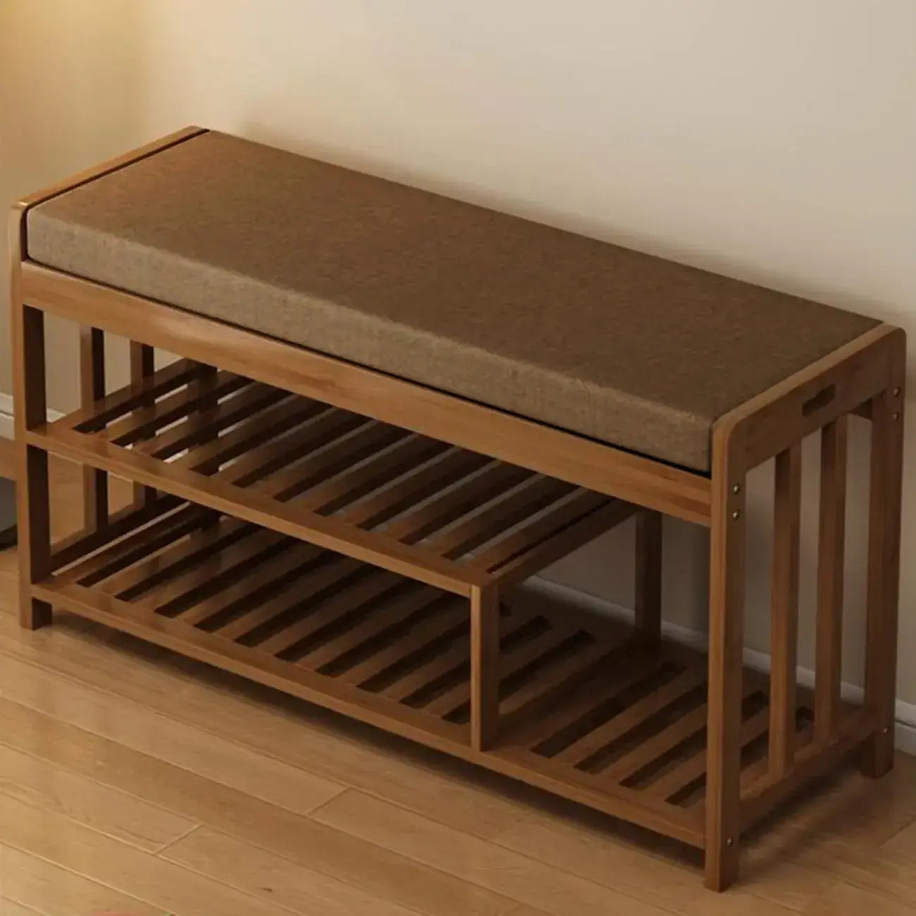Classic Brown Bamboo Cushioned Shoe Storage Bench