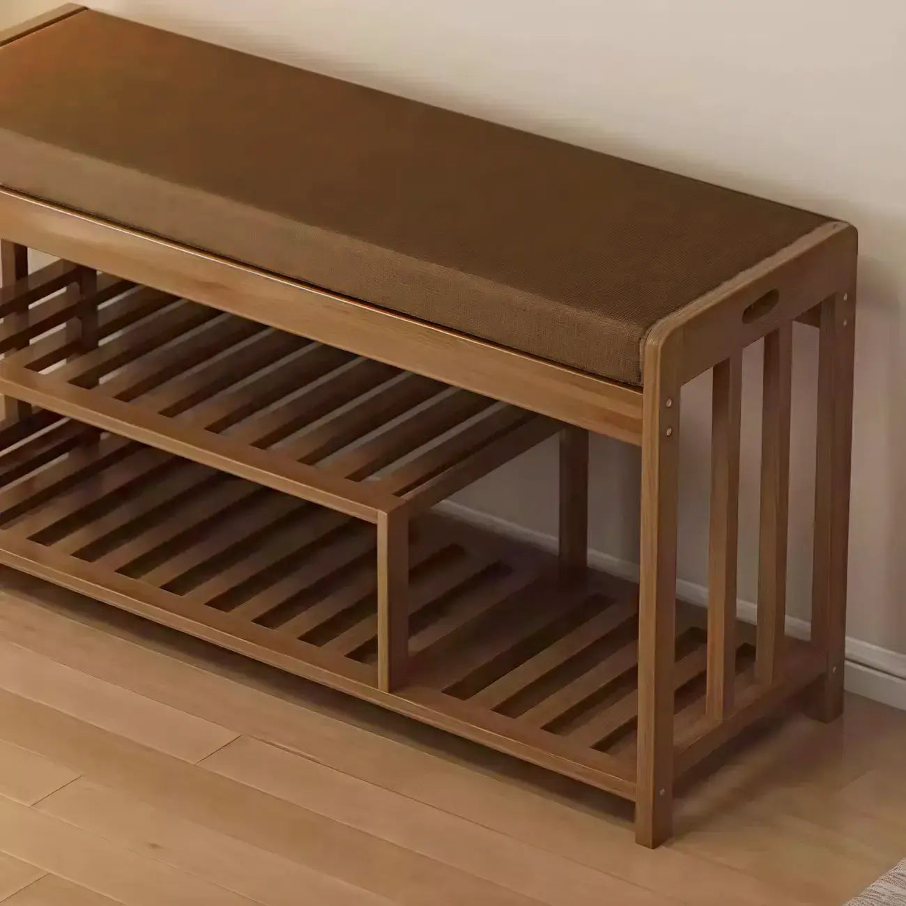 Classic Brown Bamboo Cushioned Shoe Storage Bench