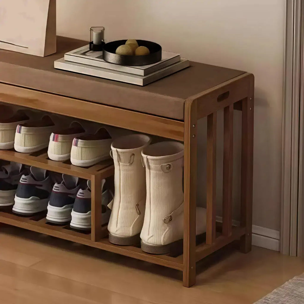 Classic Brown Bamboo Cushioned Shoe Storage Bench