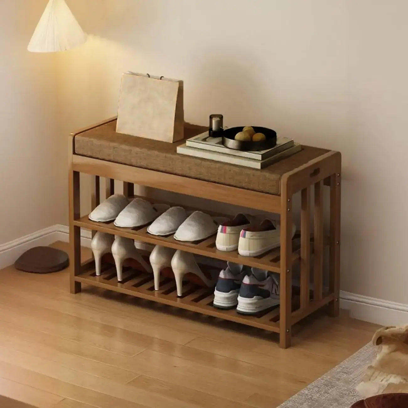 Classic Brown Bamboo Cushioned Shoe Storage Bench