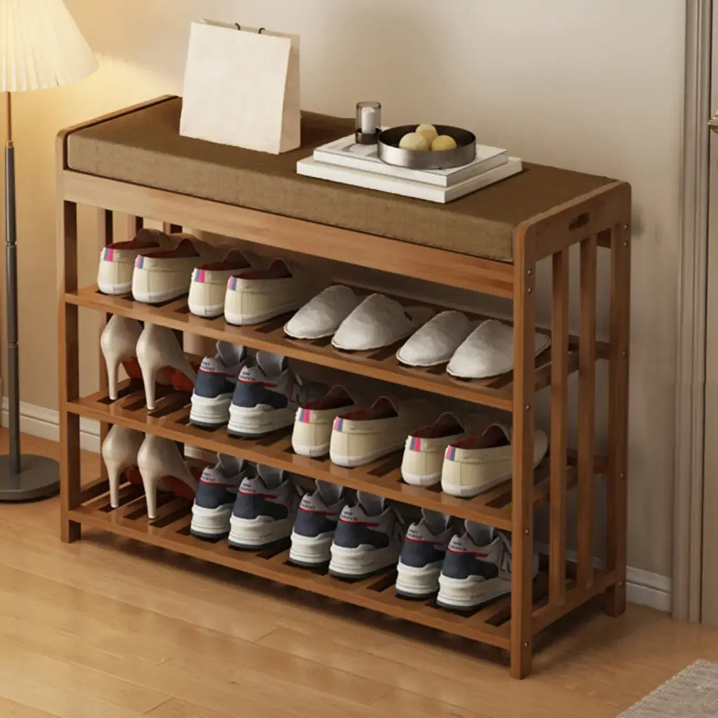 Classic Brown Bamboo Cushioned Shoe Storage Bench