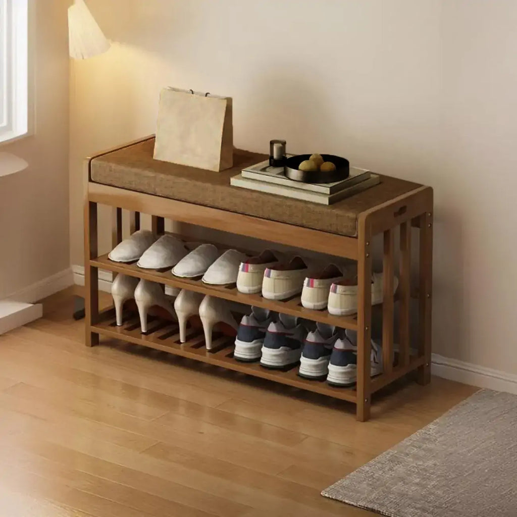 Classic Brown Bamboo Cushioned Shoe Storage Bench