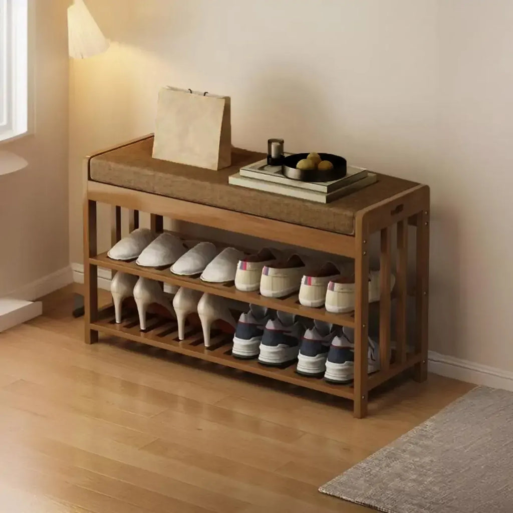 Classic Brown Bamboo Cushioned Shoe Storage Bench