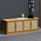 Bamboo Adjustable Shelves Shoe Storage with Rattan Doors
