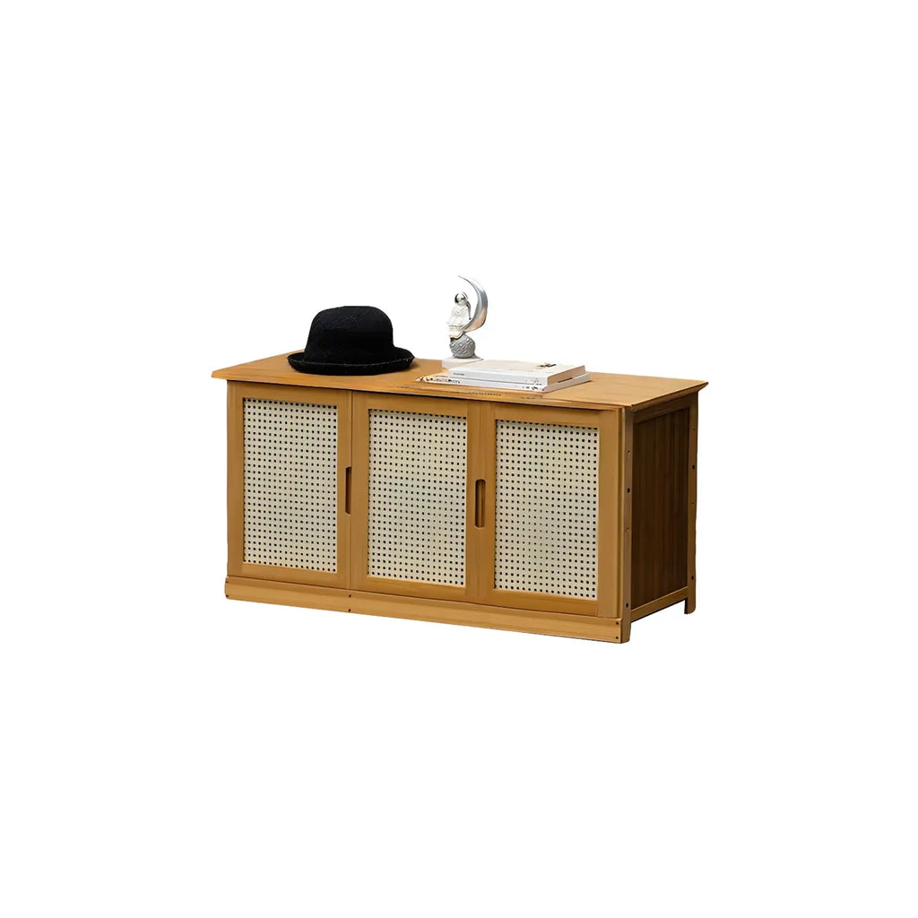Bamboo Adjustable Shelves Shoe Storage with Rattan Doors