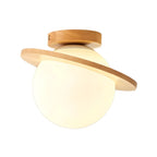Circular Glass Ball Natural Wood Semi Flush Ceiling Light