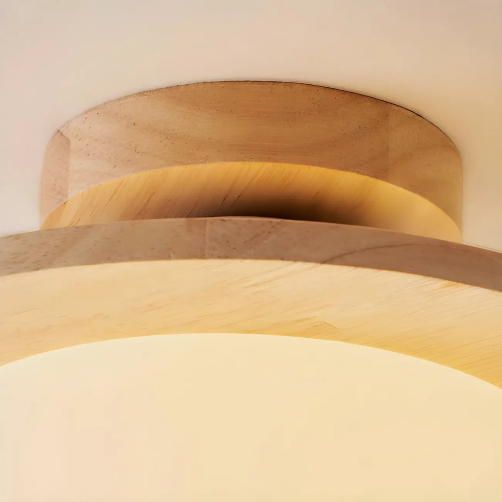Circular Glass Ball Natural Wood Semi Flush Ceiling Light