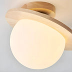 Circular Glass Ball Natural Wood Semi Flush Ceiling Light