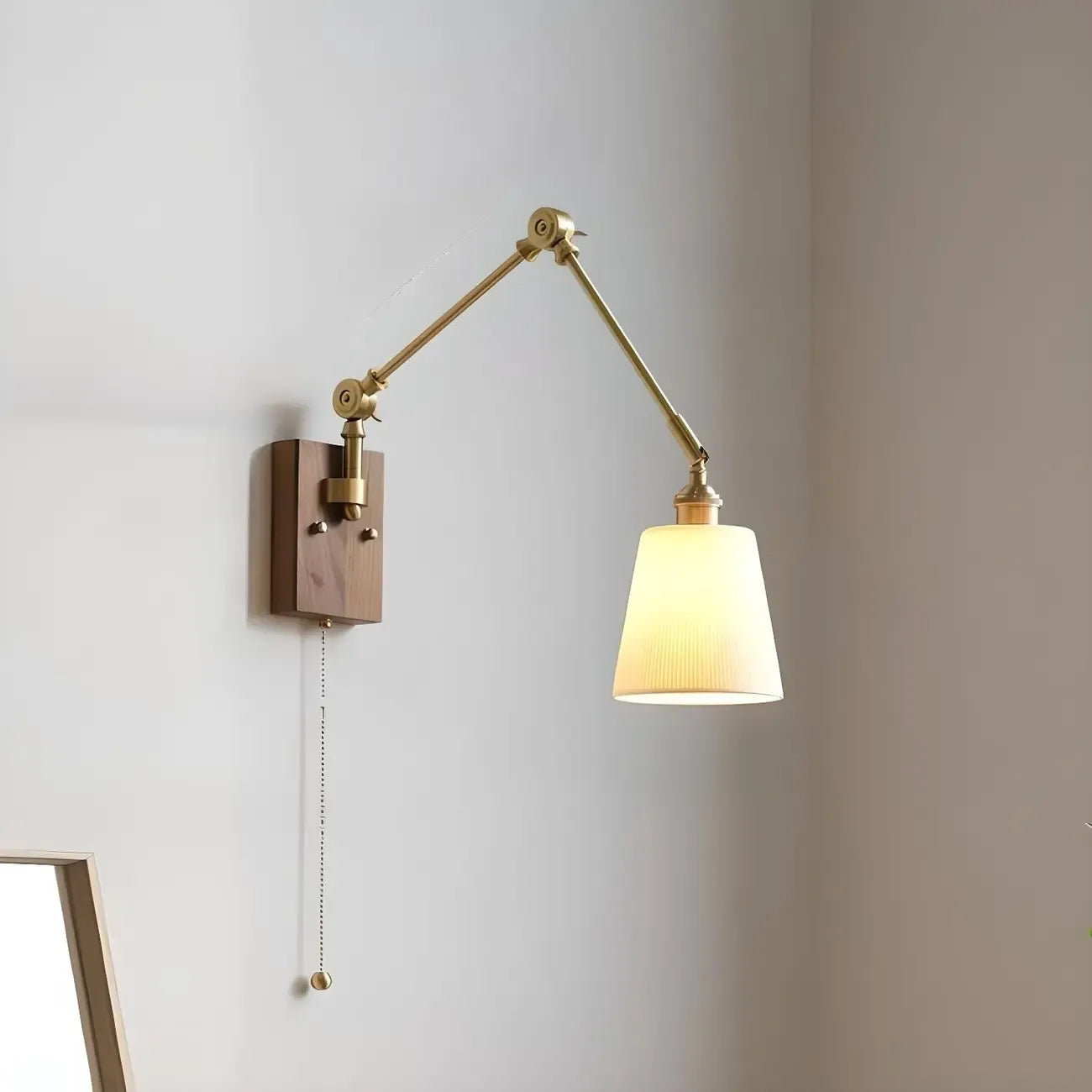 Antique Brass Swing Arm Wall Light with White Ceramics Shade