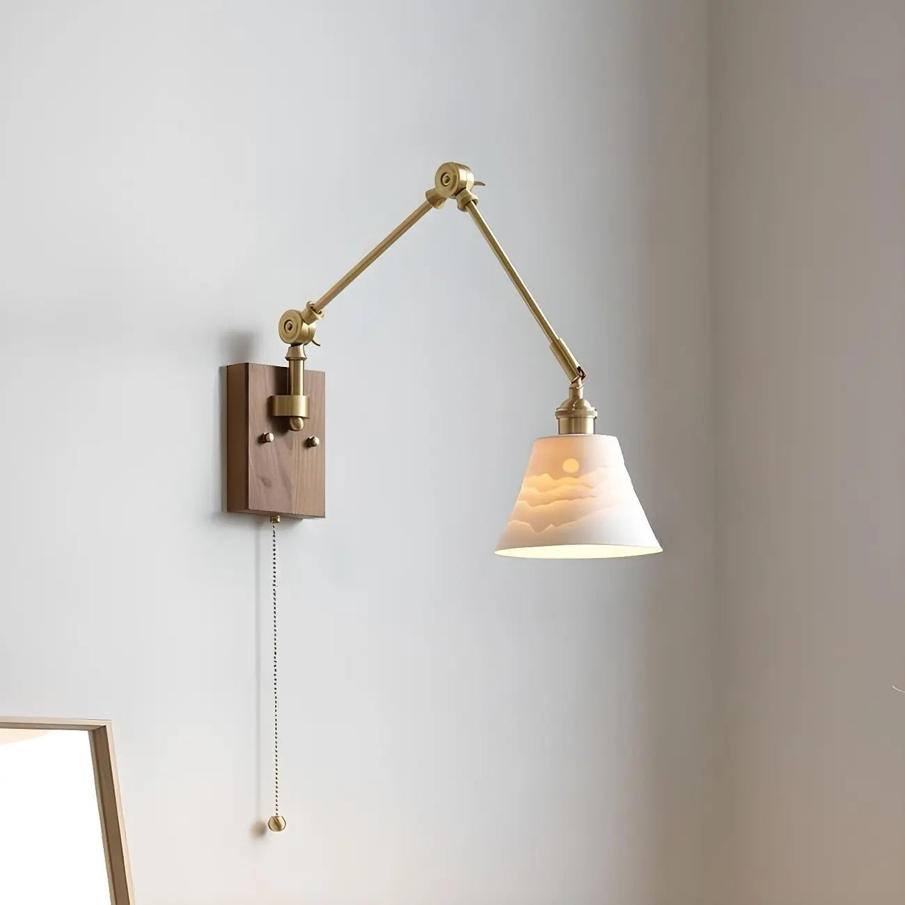 Antique Brass Swing Arm Wall Light with White Ceramics Shade