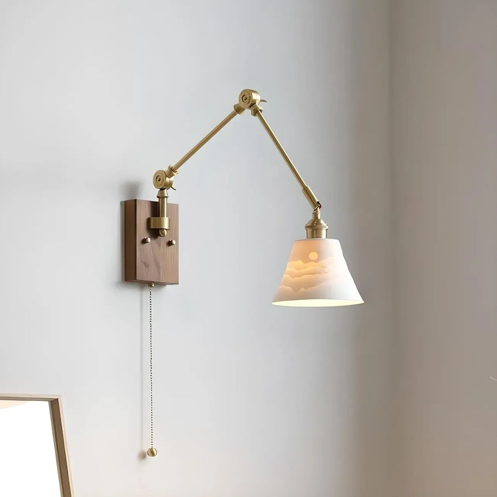 Antique Brass Swing Arm Wall Light with White Ceramics Shade