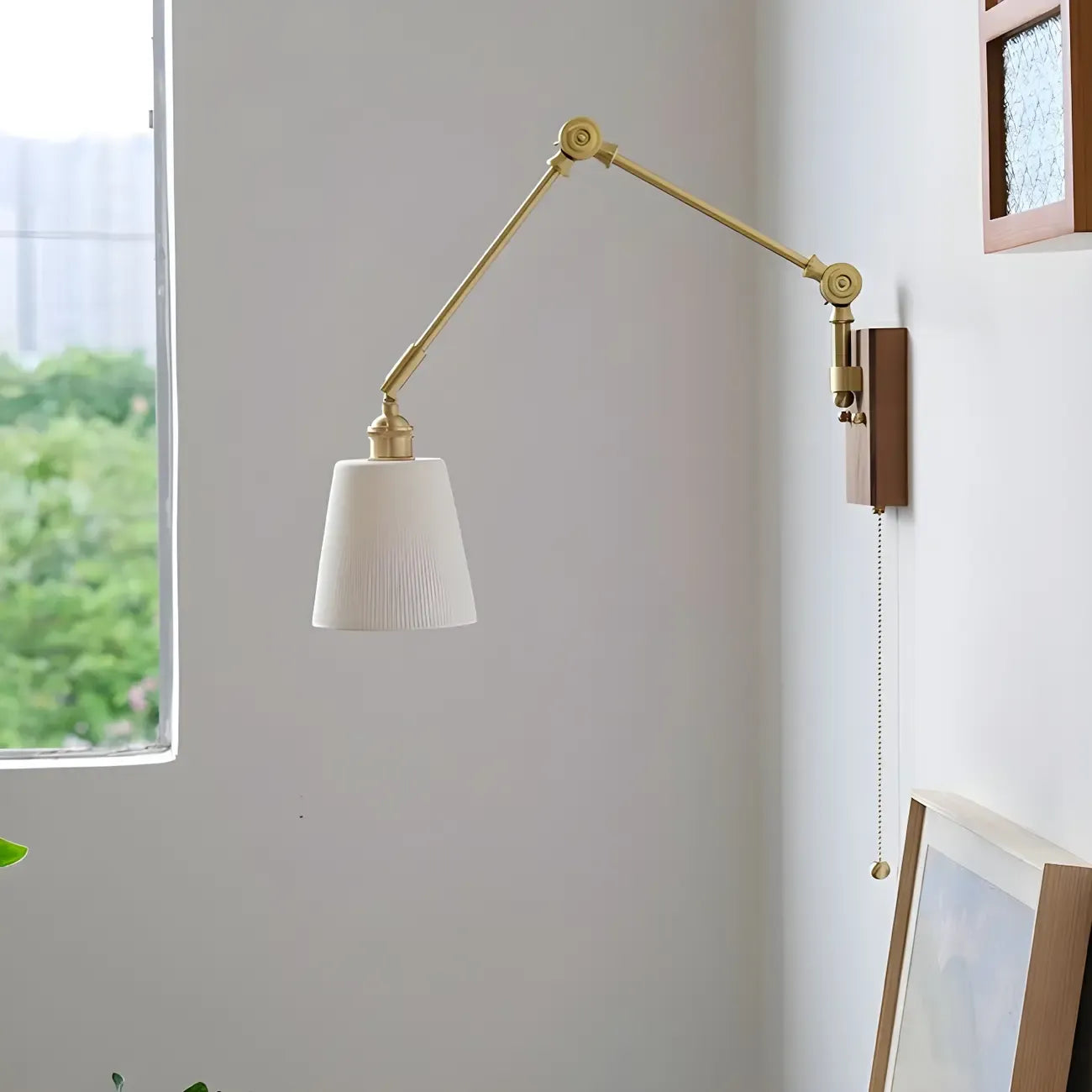 Antique Brass Swing Arm Wall Light with White Ceramics Shade