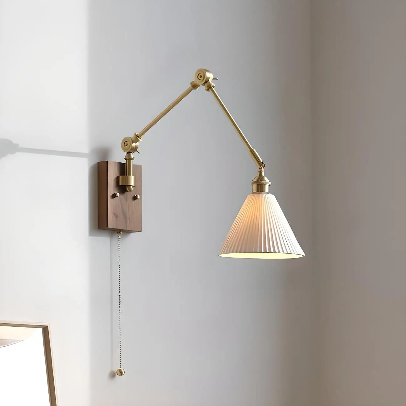 Antique Brass Swing Arm Wall Light with White Ceramics Shade