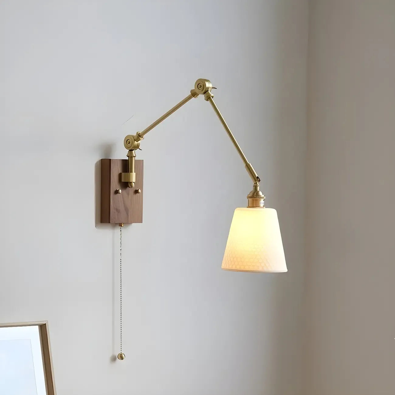 Antique Brass Swing Arm Wall Light with White Ceramics Shade