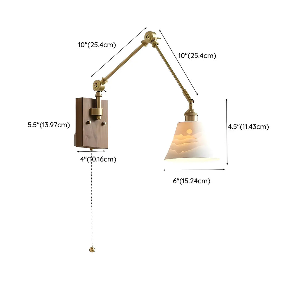 Antique Brass Swing Arm Wall Light with White Ceramics Shade