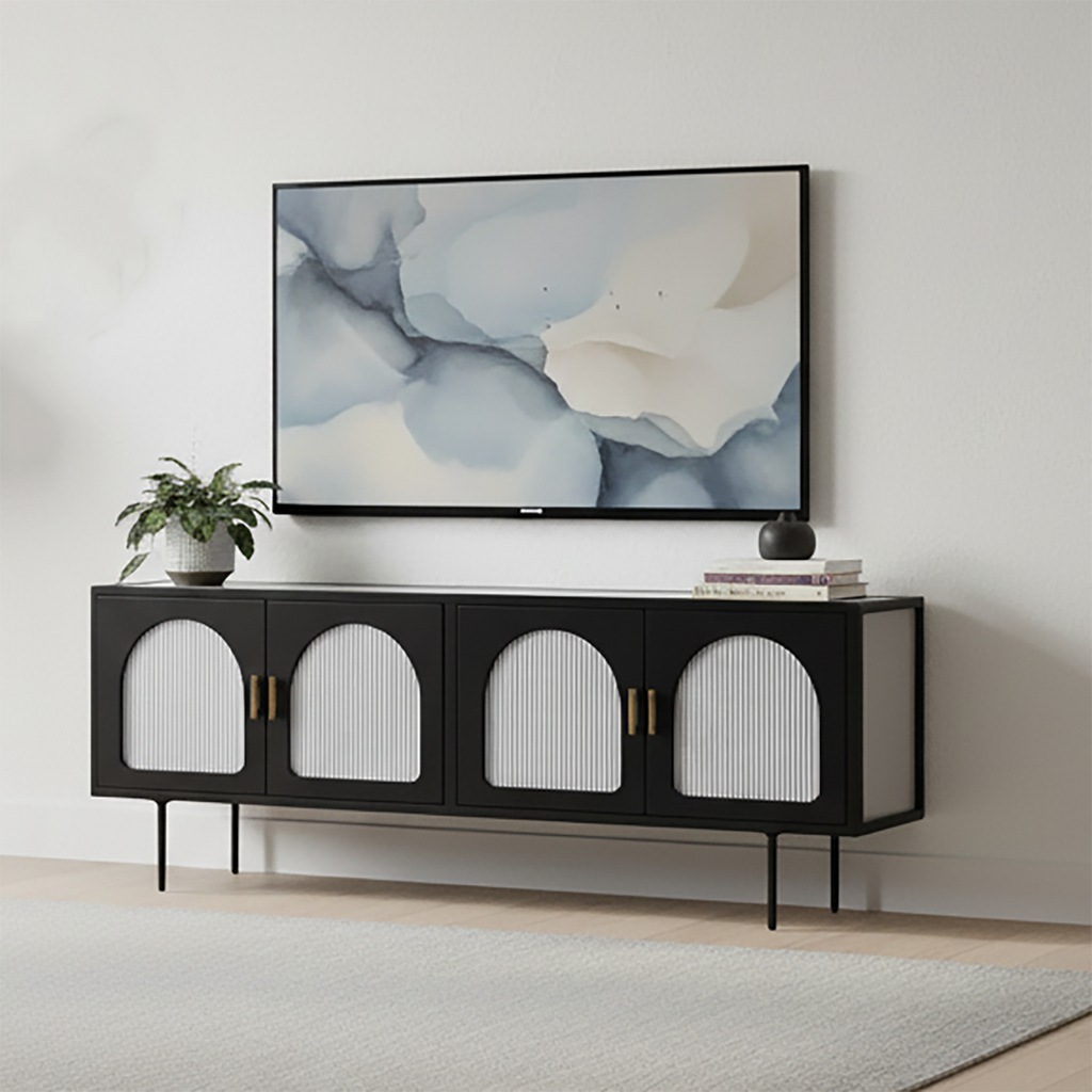 63 White Metal Arched Glass Door TV Stand with Cabinet
