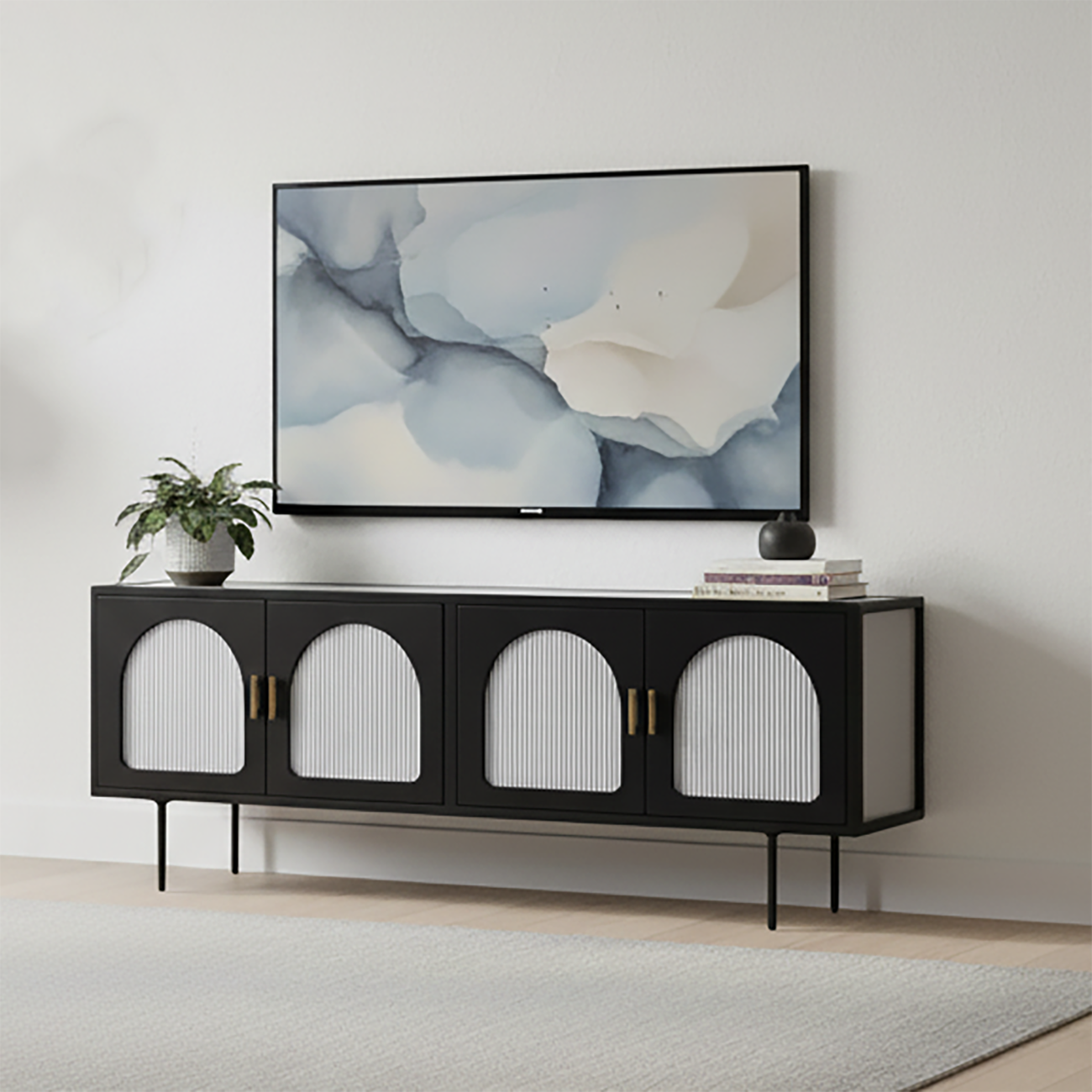 63 White Metal Arched Glass Door TV Stand with Cabinet