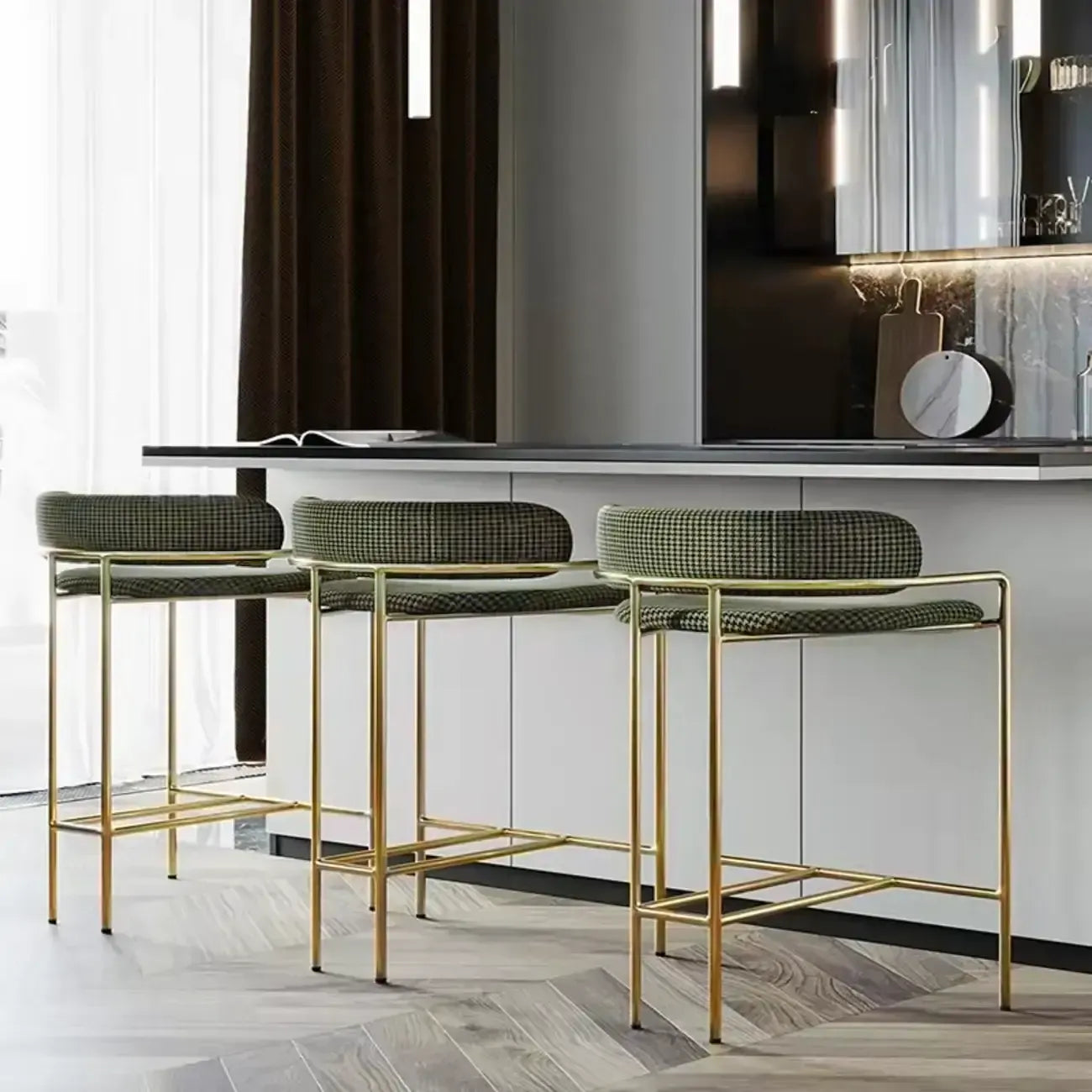 Art Deco Gold Green Cotton Upholstered Bar Stool