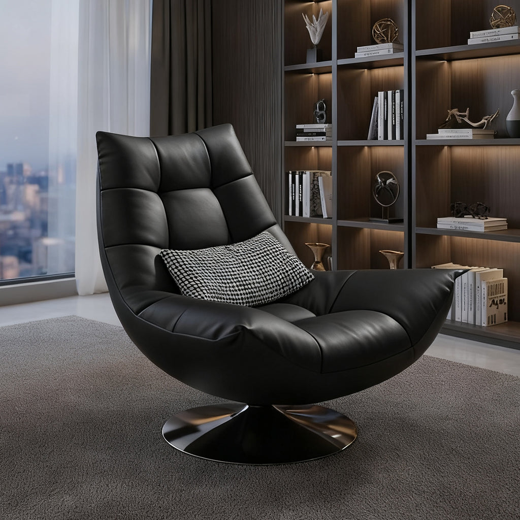 Black Swivel Tufted Leather Accent Chair Pillow Included