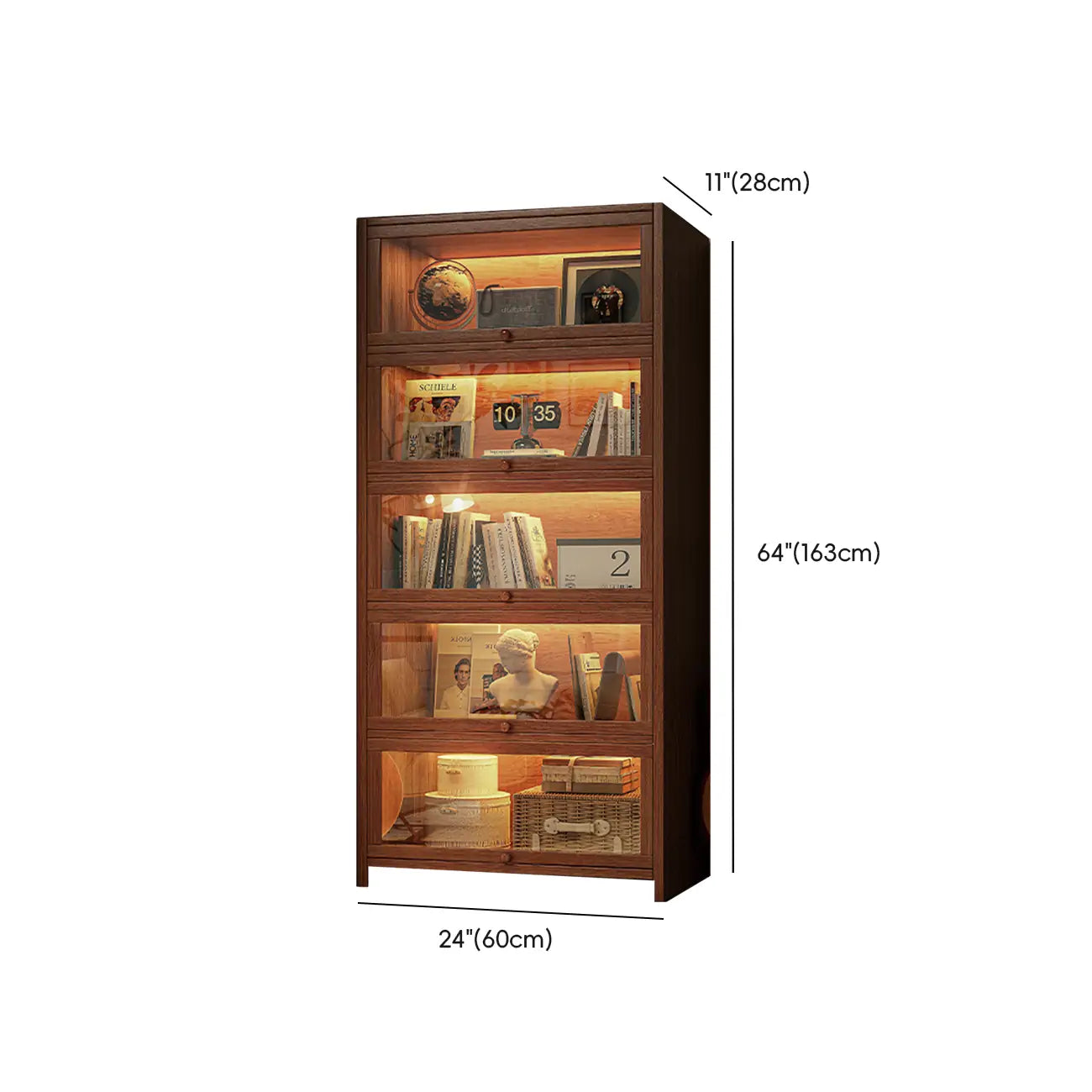 Contemporary Vertical Nut-Brown Wooden 5-Shelf Bookcase